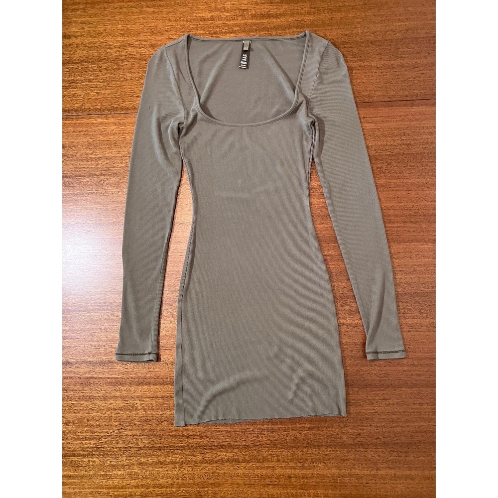 SKIMS Soft Lounge Ribbed Long Sleeve Bodycon Mini Dress Taupe Brown Women Size S - Picture 3 of 13